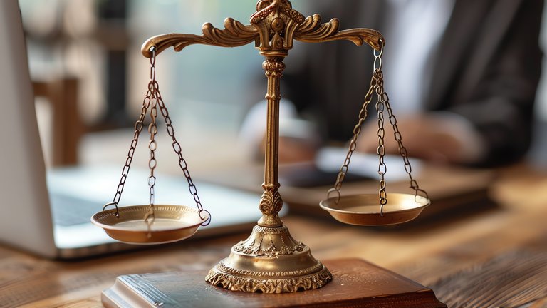 A golden justice scale on top of a wooden table.