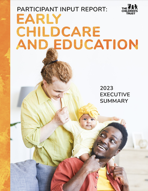 Cover for the Early Childcare and Education Report featuring a mom and a dad playing with their infant child.