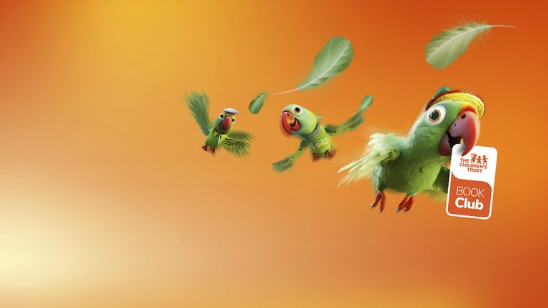 Three animated green parrots flying against an orange background. One parrot is holding a sign that reads "THE CHILDREN'S TRUST BOOK Club." Three animated green parrots flying against an orange background. One parrot is holding a sign that reads "THE CHILDREN'S TRUST BOOK Club."