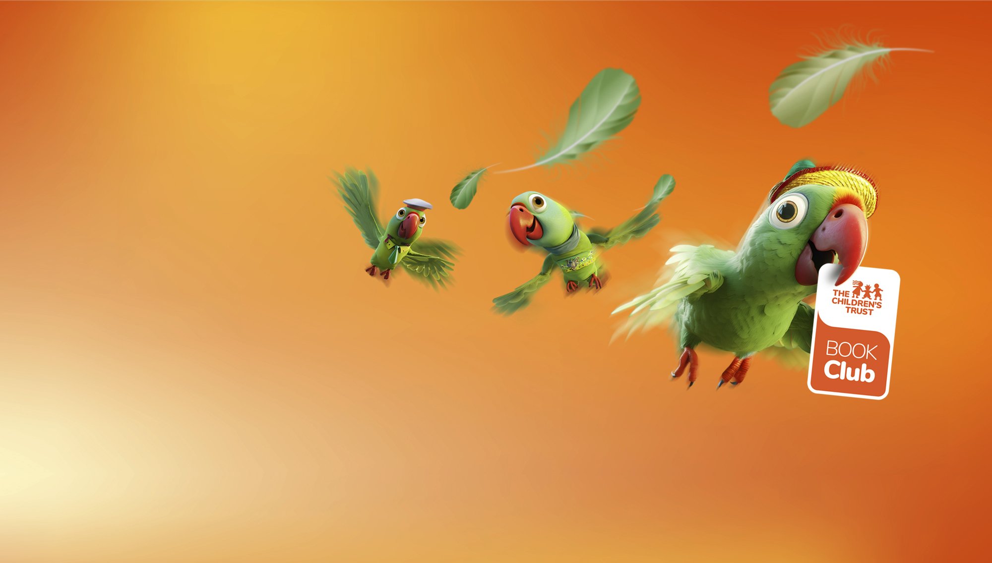 Three animated green parrots flying against an orange background. One parrot is holding a sign that reads "THE CHILDREN'S TRUST BOOK Club." Three animated green parrots flying against an orange background. One parrot is holding a sign that reads "THE CHILDREN'S TRUST BOOK Club."