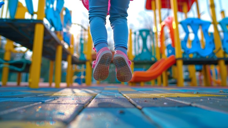 Photo from behind a little girl jumping in the air at a playground, only showing her legs