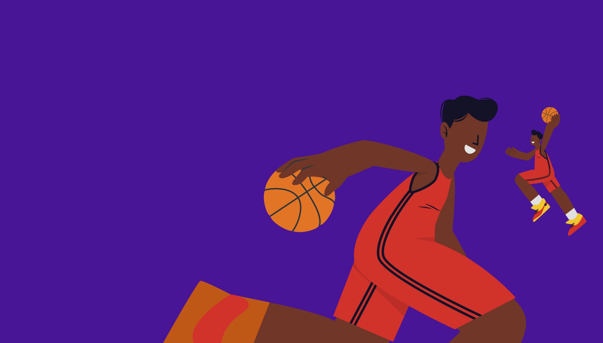 Two animated guys playing basketball on a purple background. Two animated guys playing basketball on a purple background.