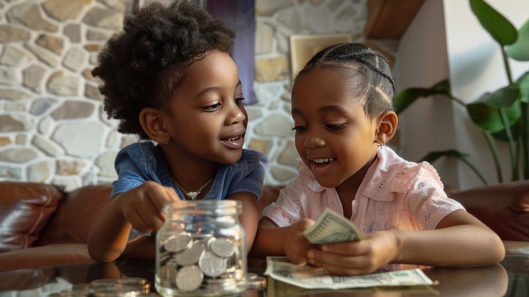 Two young girls counting dollar bills and coins on top of a table