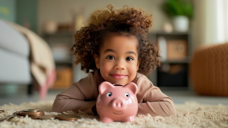 A curly haired little girl lying face down in the floor with a pink piggy bank in front of her.