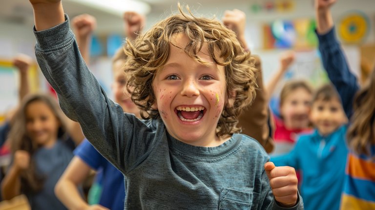 Smiling child with curly hair cheering in a classroom, surrounded by other joyful kids celebrating together with raised fist.