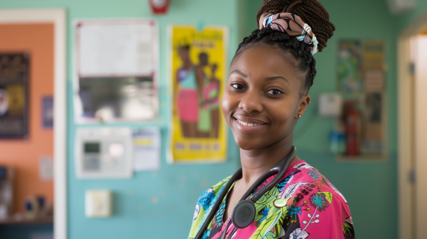 Smiling healthcare professional in colorful scrubs with a stethoscope around her neck, standing in a medical office
