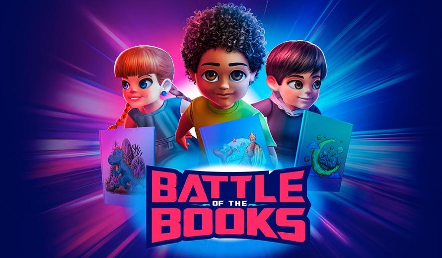 Three animated children are holding illustrated books with vibrant covers.