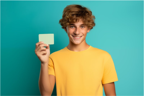 kid holding a piece of paper and wearing a yellow shirt with a blue background