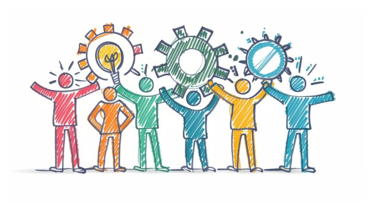 An illustration of people holding thought and idea symbols